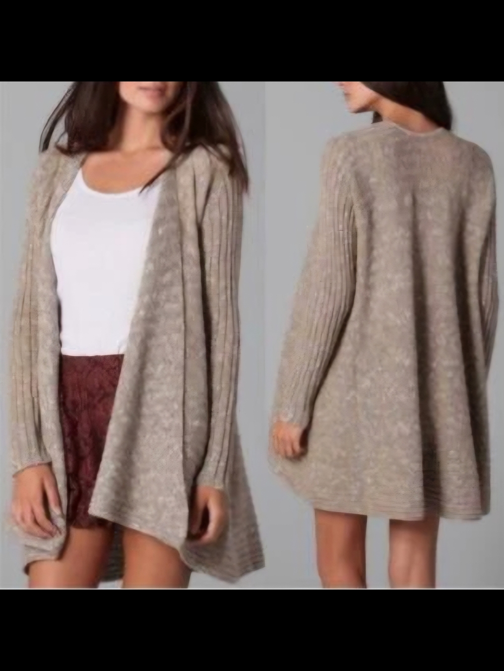 Free People Beached Shell Open-Front Taupe Ribbed-Sleeve Cardigan Medium
